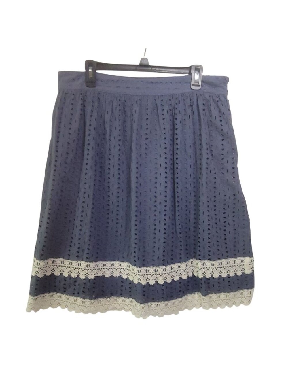 Mikarose Blue Eyelet Skirt With Lace Hem Cotton Blend Lined XL Cottagecore Modes
